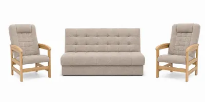 Produktbild von ANMIL SET Schlafsofa OLIO mit 2 Sesseln in Beige Stoff SAWANA 3-teilige Polstergarnitur mit Schlaffunktion, Bettkasten und Gestell in Eiche Hell