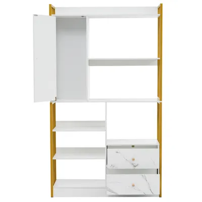 Produktbild von Flieks Bücherregal Büroregal mit 5 Ebenen, Standregal mit Tür und 2 Schubladen, Aufbewahrungsregal Regal Büro Wohnzimmer, Weiß