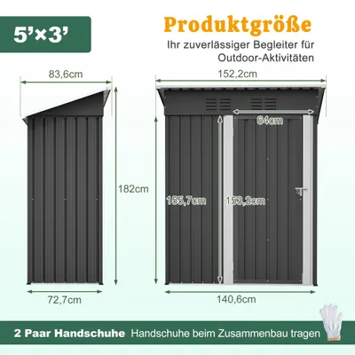 Zdjęcie produktu dla Domek ogrodowy 152.2 x 83.6 x 182 cm, dach płaski, zamykane drzwi metalowe, bez okna, odporny na warunki atmosferyczne, czarny