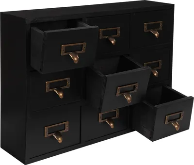 A black wooden cabinet with nine drawers, some of which are open, displaying brass drawer pulls.