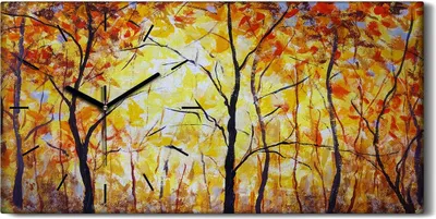 Produktbild von Wohnzimmer-Bild Leinwand Uhr Geräuschlos 60x30 Ölgemälde Wald Bäume Herbst - schwarze Hände