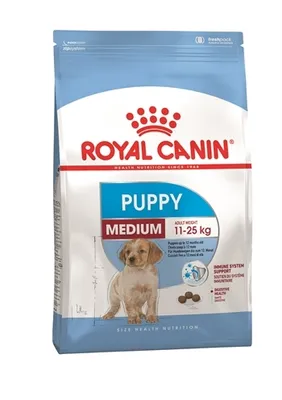A bag of Royal Canin Medium Junior puppy food.