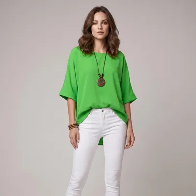 Produktbild von Damen Bluse, Kurzarmbluse mit Kette, leichte Viskose High-Low Saum Tunika Leichte Oberteil Einfarbig S/M/L/XL