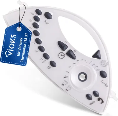 A white front cover panel for a Thermomix TM31 kitchen machine, with a blue tag attached.