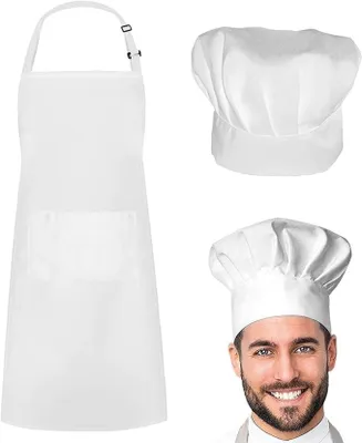 Produktbild von Kochmütze und Schürze Set, Verstellbare Latzschürze und Wasserdichte Kochschürze mit Taschen und Elastischer Kochmütze für die Küche
