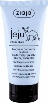 A product shot of a white tube of Ziaja Jeju face mousse with a black cap.