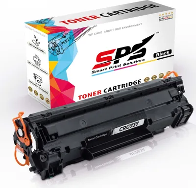 A black toner cartridge is shown in front of its packaging.