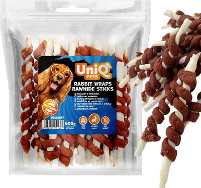 Obrázok produktu pre Pamlsky, snack pre psy Sticks Swirls s králikom UniQ Pets 500g