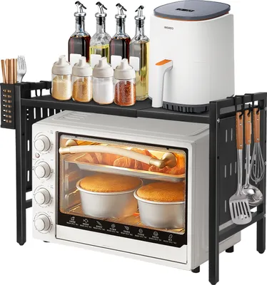 Image de Four à micro-ondes Rack extensible Étagère de cuisine micro-ondes Étagère à épices avec 3 crochets 38-67cm extensible Étagère de cuisine noire
