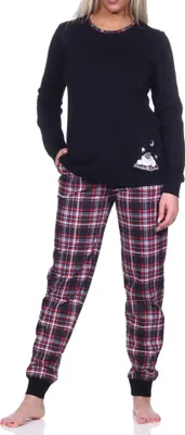 Produktbild von Damen Schlafanzug mit Bündchen mit Karohose und süßem Tiermotiv - auch in Übergrößen ; schwarz , 44/46