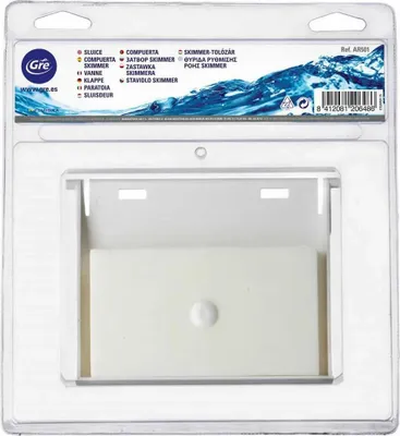 The image shows the retail packaging of a Gre AR501 skimmer weir, with the product visible inside the clear plastic packaging.