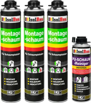 Produktbild von Isolbau Bauschaum-Set - Inkl. 3x 1K Montageschaum Pistolenschaum (je 750 ml) & 1x PolyurethanSchaum-Reiniger (500 ml)