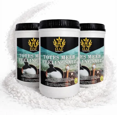 Produktbild von HAF – Totes Meer Peelingsalz (3 x 1 kg Dose) – Naturreines Körper-Peeling aus Jordanien. Für trockene Haut & Gesicht in Sauna oder Dusche verwendbar