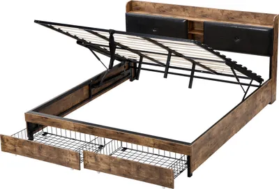 Produktbild von Metallbett, 180 x 200 cm, Hydraulikbett,Doppelbett, Kinderbett mit Stauraum-Kopfteil und Metall Lattenrost, Ohne Matratze,Holzfarbe+Schwarz