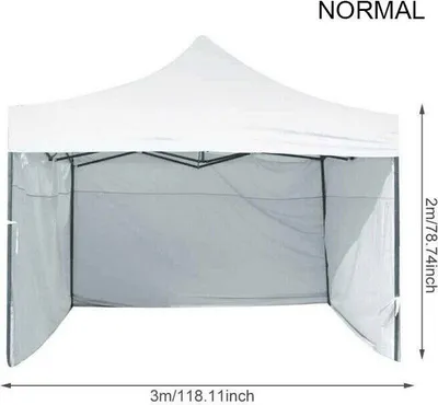 A white pop-up tent or gazebo with side walls, shown from the front.