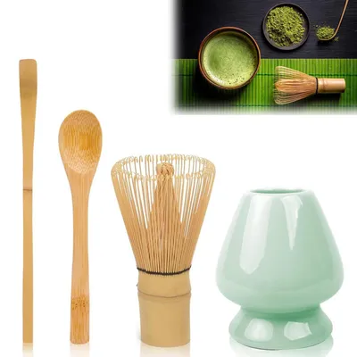 Immagine prodotto di Set da tè Matcha, composto da 4 elementi: ciotole, cucchiaini e portacucchiaini in Vetroceramica, colore ciano