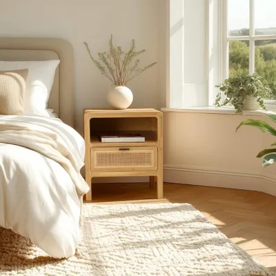 Produktbild von AMY - Nachttisch mit einer Schublade und einem Regal, aus Mindiholz und natürlichem Rattan