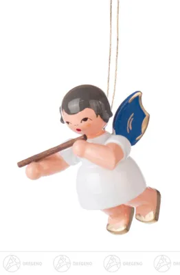Produktbild von Christbaumschmuck Engel mit Querflöte - Blaue Flügel - schwebend (5,5cm) von Kunstgewerbe Uhlig