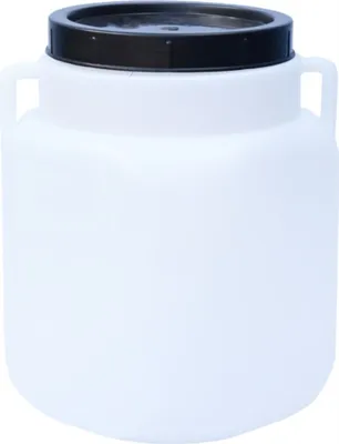 A white plastic barrel with a black screw-on lid and two handles.