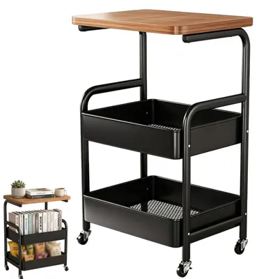 Produktbild von Servierwagen 3 Ebenen mit Rollen, Küchenwagen Stahlrahmen MDF Schwarz