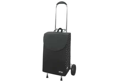 A black shopping trolley with white polka dots and a silver handle and wheels, set against a white background.