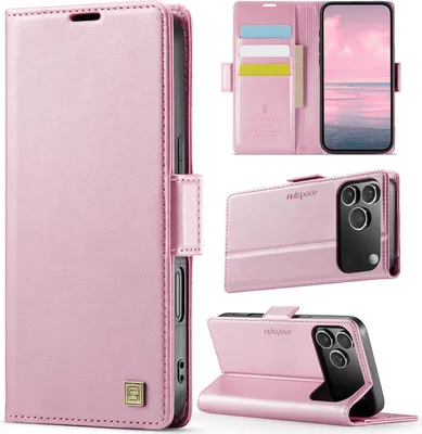 Produktbild von Lederhülle für iPhone 17 Pro Max, RFID Schutz Handyhülle mit Magnetverschluss, Kartenfächern und Ständer Pink