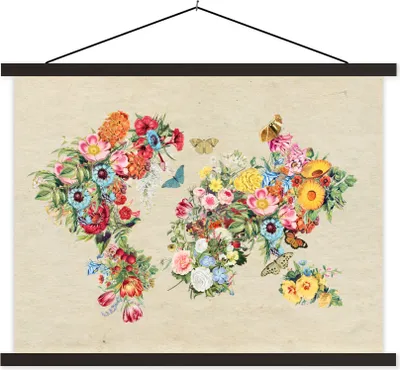 Produktbild von MuchoWow® Textilposter Weltkarte - Vintage - Blumen 120x90 cm mit schwarzem Rahmen - Aufhänger für Poster