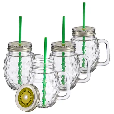 Produktbild von 4x Sole Trinkgläser mit Henkel, Deckel & Strohhalm 480 ml grün Henkelbecher Glas