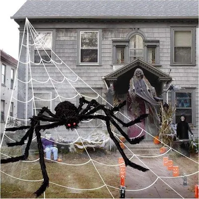 Obrázok produktu pre Halloweenská dekorácia – pavučina 500 cm s obrovským pavúkom – 20 minipavúkov – vonkajšia záhradná halloweenská dekorácia
