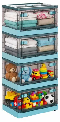 Produktbild von Aufbewahrungsboxen mit Deckel, 28 Liter, stabil, mit Rollen, transparent, für Spielzeug, Kleidung, Snacks und Schuhe, 4 Stück, blau