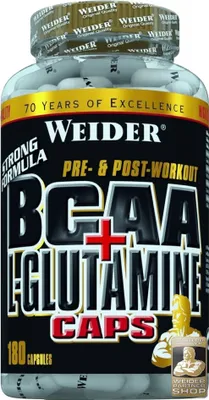 Produktbild von Weider BCAA + L-Glutamine, Kapsel, L-Glutamin, L-Isoleucin, L-Leucin, L-Valin, 180 Stück(e), 42,1% L-Glutamine, 21,1% L-Leucine, Gelatine, 10,5% L-Isoleucine, 10,5% L-Valine, Anticaking..., Flasche