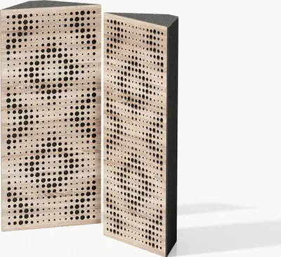 Two triangular acoustic bass traps with a perforated wooden surface are shown against a white background.