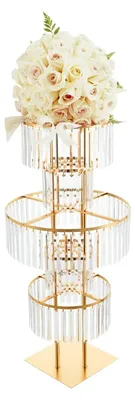 Immagine prodotto di Portafiori in cristallo per matrimonio - Decorazione da tavolo elegante - Vaso per fiori a 5 piani, rotondo - Struttura in metallo - 110 cm - Oro