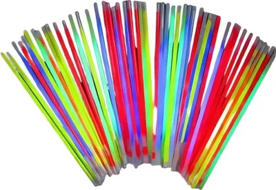A fan of colorful glow sticks arranged on a white background.
