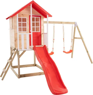 Produktbild von Schaukelgestell mit Balkon, Rutsche und 2 Schaukeln COQUELICOT Braun