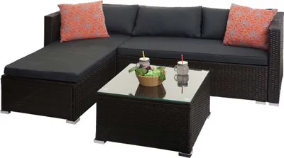 Produktbild von Poly-Rattan Garnitur MCW-F57, Balkon-/Garten-/Lounge-Set Sofa Sitzgruppe  braun, Kissen dunkelgrau mit Deko-Kissen