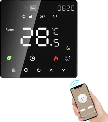 Obrázek produktu pro Chytrý termostat pro domácnost, dotykový displej, WiFi, hlas, aplikace Tuya, programovatelná regulace teploty, krytí IP20, automatický/manuální režim, digitální termostat pro 16 A elektrické podlahové vytápění, kompatibilní s Amazon Google Home