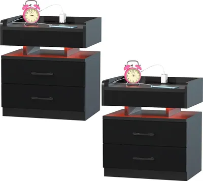 Produktbild von 2x LED Nachttisch mit Steckdose,Schwarz Nachttisch Hochglanz mit 2 Schubladen,Beistelltisch Nachtschrank Bettschrank,Kommode Schlafzimmer 45x35x52cm