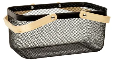 Produktbild von Aufbewahrungskorb mit Henkel für Kleidung, Deko oder Accessoires, schwarz, aus Stahl und Holz, 37x24x18 cm