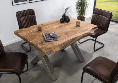 Produktbild von MASSIVMOEBEL24 Baumtisch Sheesham 160x90x77 natur gebeizt / X-Beine silber matt FREEFORM 5