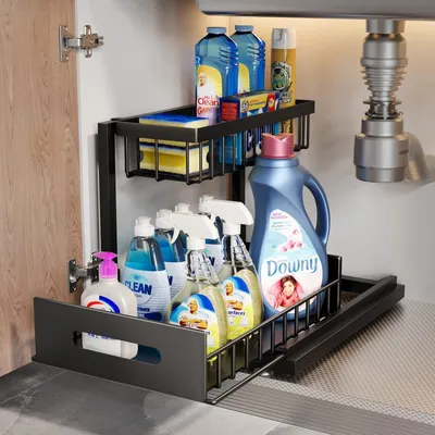Productafbeelding van Opbergrek onder gootsteen - Keukenorganizer - 2 niveaus - Schuiflade - 36 x 28 x 33 cm - Metaal