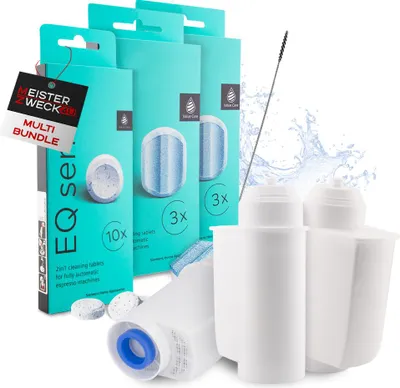 Produktbild von MEISTERZWECK4U Pflegeset Kaffeevollautomaten - 3x Wasserfilter, 2x Entkalkungstabletten, 1x Reinigungstabletten, Reinigungsbürste - Reinigungsset Kaffeemaschinen Siemens, EQ Series, Supresso, Bosch