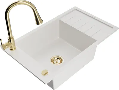 Produktbild von Mexen Elias 1 Becken-Granitspüle mit Abtropffläche und Mischbatterie Elia, Weiß - 6511-20-670101-50
