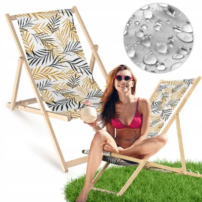 Produktbild von Liegestuhl klappbar aus Holz mit gold-grauem Blattmotiv – Klappstuhl Klappliege Sonnenstuhl Strandstuhl Gartenliege