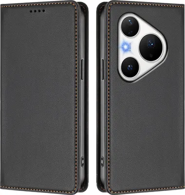 Image de Étui en cuir pour Huawei Pura 80 Pro/Pura 80 Pro+, étui à rabat magnétique en cuirPolyuréthaneavec support, noir