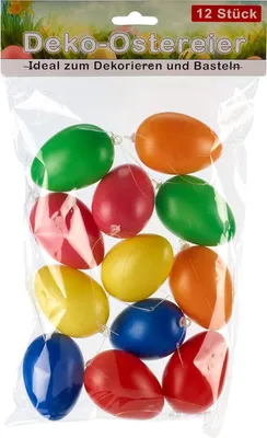 Produktbild von 12er Set Ostereier aus Kunststoff zum Hängen, 2 x 6 kräftige Farben