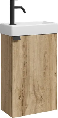 A modern bathroom vanity set with a sink and cabinet.