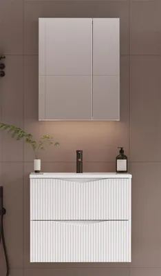 Produktbild von Badmöbel-Set 2-teilig mit 60 cm Waschtisch & Spiegelschrank in weiß mit gerillter Front - CALURI-140