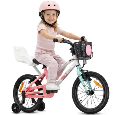 Obrázok produktu pre SUN BABY LOOFI Detský bicykel 16 palcov, ľahký hliníkový bicykel s hmotnosťou 6,9 kg pre deti od 4 rokov, s pomocnými kolieskami, košíkom, zvončekom a sedadlom pre bábiku, pre dievčatá