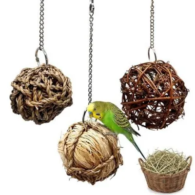 Image de 3 jouets pour oiseaux en herbe naturelle, idéaux pour mâcher et grimper, adaptés aux perruches et aux perroquets